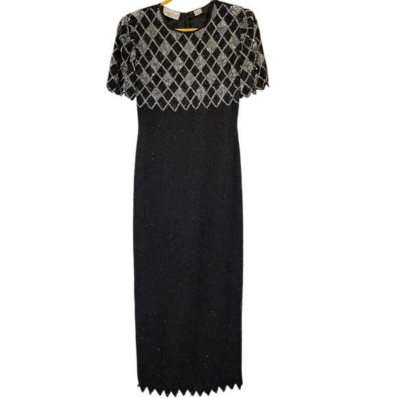 Laurence Kazar Dresses & Skirts - Vintage Laurence Kazar Silk Black Silver Beaded Sequined Full Length Gown Dress